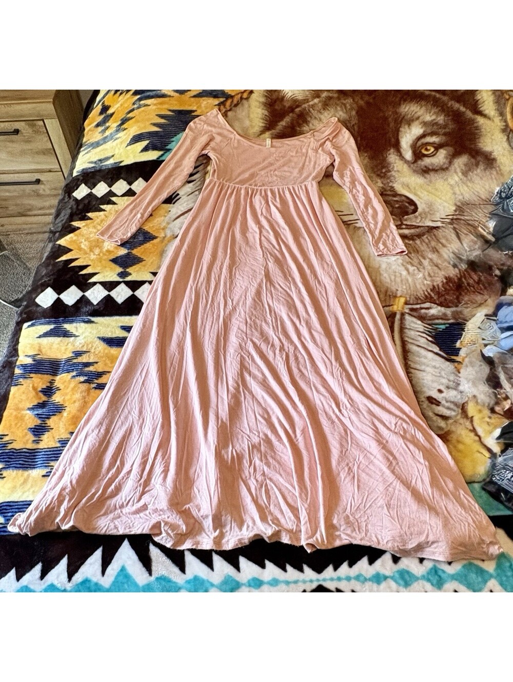 PinkBlush Maternity Pink Solid Off-Shoulder Long Sleeve Maxi Dress- Large
